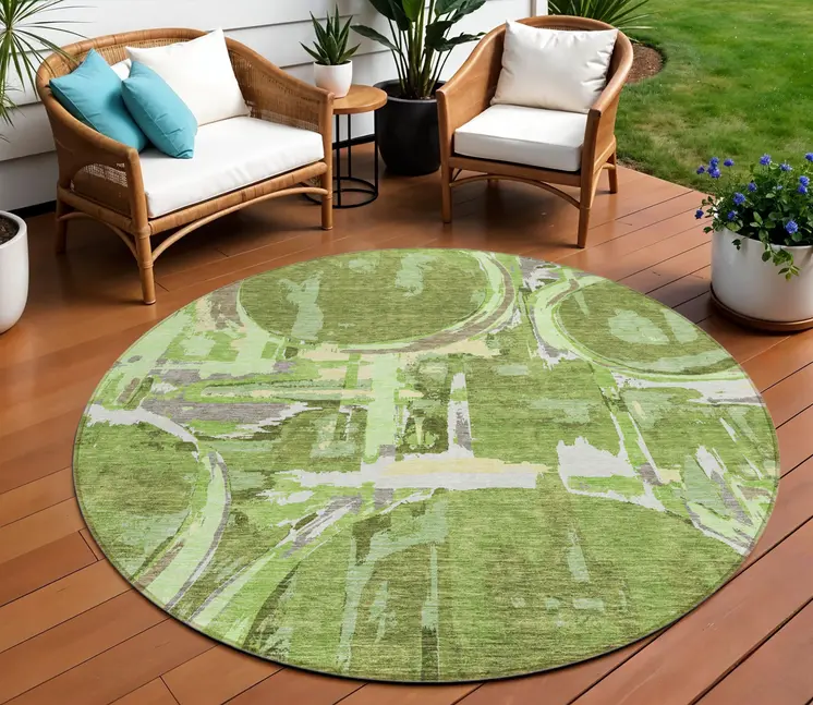 8' Artichoke Green And Fern Green Round Geometric Washable Indoor Outdoor Area Rug