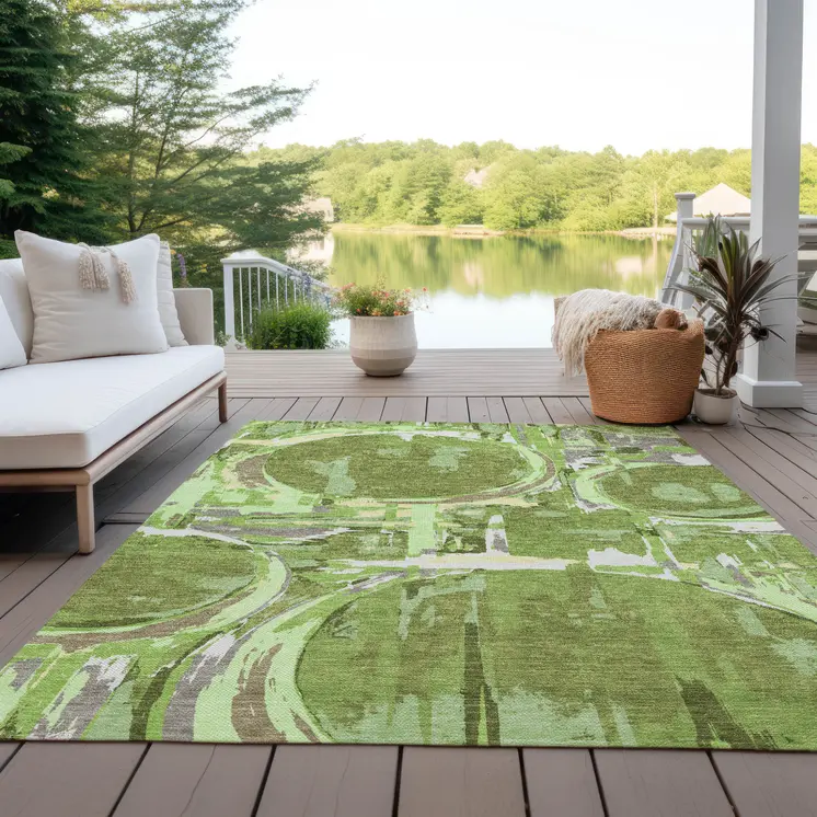10' X 14' Artichoke Green And Fern Green Geometric Washable Indoor Outdoor Area Rug