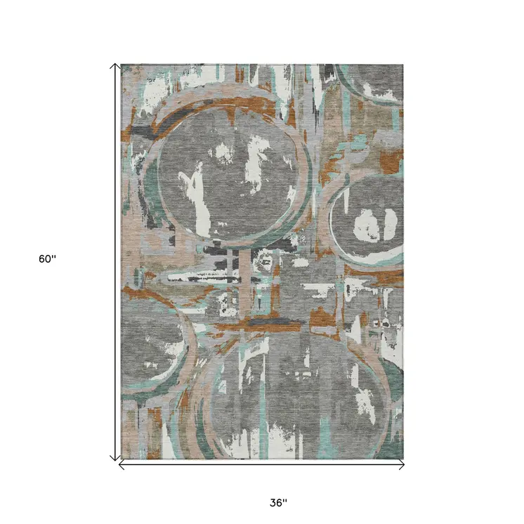 3' X 5' Gray Copper And Mint Green Geometric Washable Indoor Outdoor Area Rug