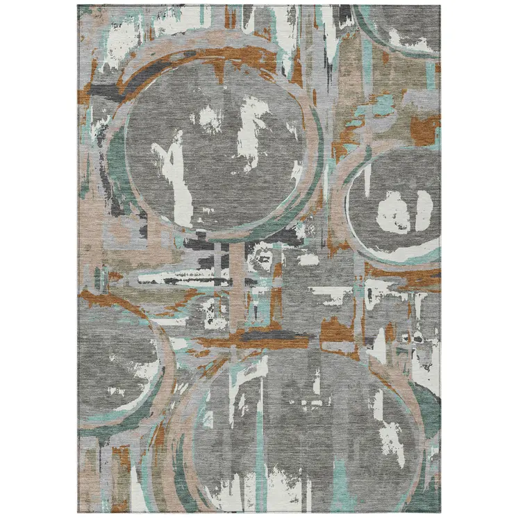 5' X 8' Gray Copper And Mint Green Geometric Washable Indoor Outdoor Area Rug