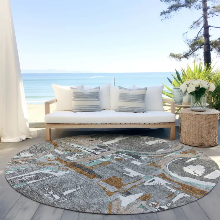 8' Gray Copper And Mint Green Round Geometric Washable Indoor Outdoor Area Rug