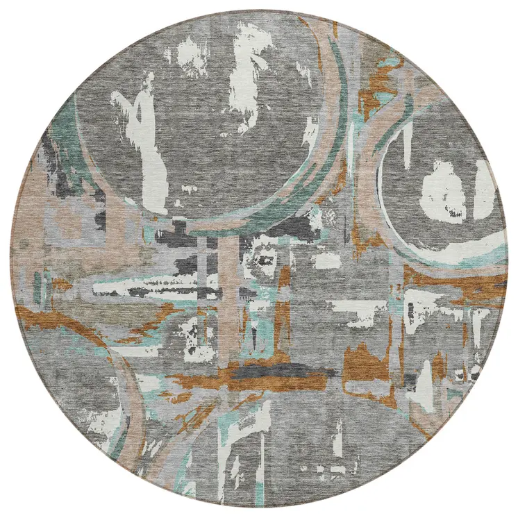 8' Gray Copper And Mint Green Round Geometric Washable Indoor Outdoor Area Rug