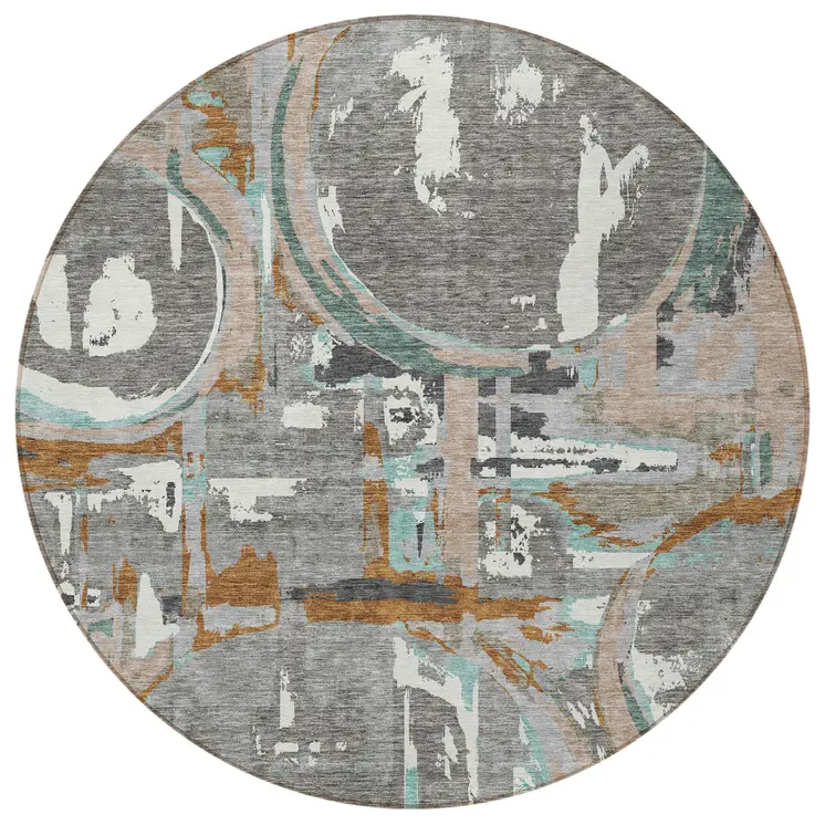 8' Gray Copper And Mint Green Round Geometric Washable Indoor Outdoor Area Rug