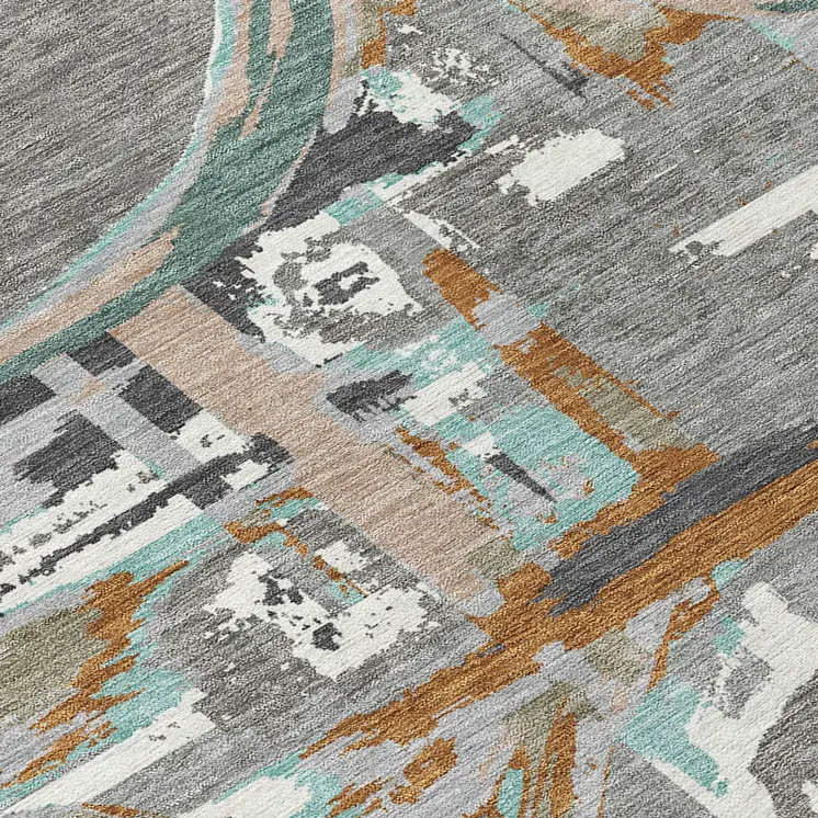 8' Gray Copper And Mint Green Round Geometric Washable Indoor Outdoor Area Rug