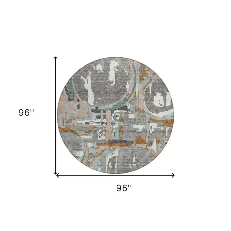 8' Gray Copper And Mint Green Round Geometric Washable Indoor Outdoor Area Rug