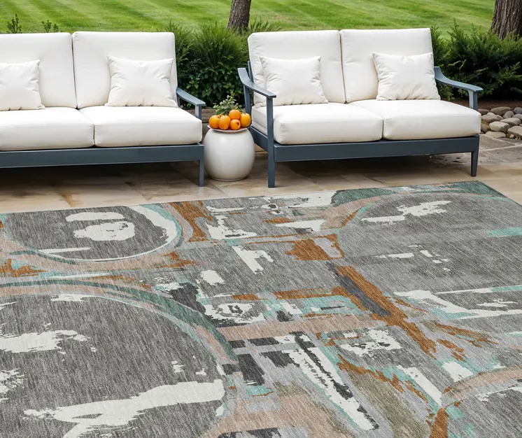 9' X 12' Gray Copper And Mint Green Geometric Washable Indoor Outdoor Area Rug