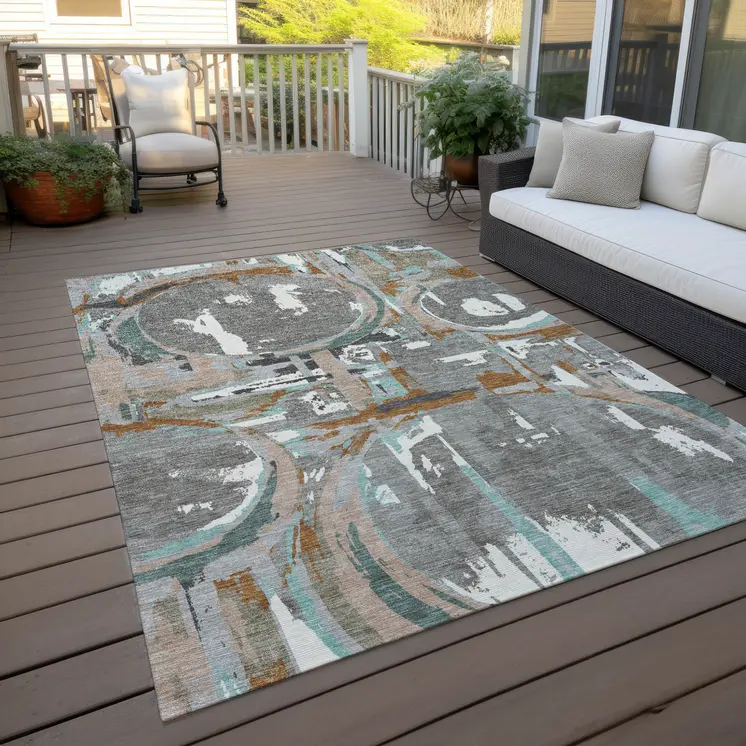 9' X 12' Gray Copper And Mint Green Geometric Washable Indoor Outdoor Area Rug