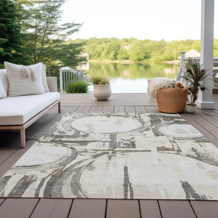 5' X 8' Ivory Beige And Taupe Geometric Washable Indoor Outdoor Area Rug