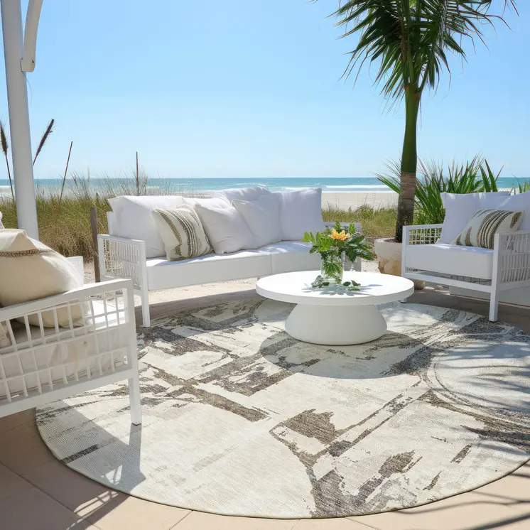 8' Ivory Beige And Taupe Round Geometric Washable Indoor Outdoor Area Rug