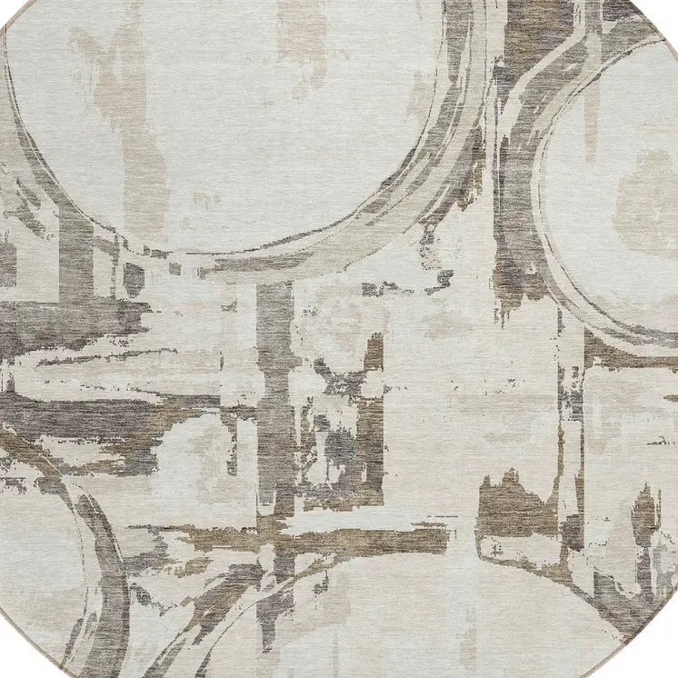 8' Ivory Beige And Taupe Round Geometric Washable Indoor Outdoor Area Rug