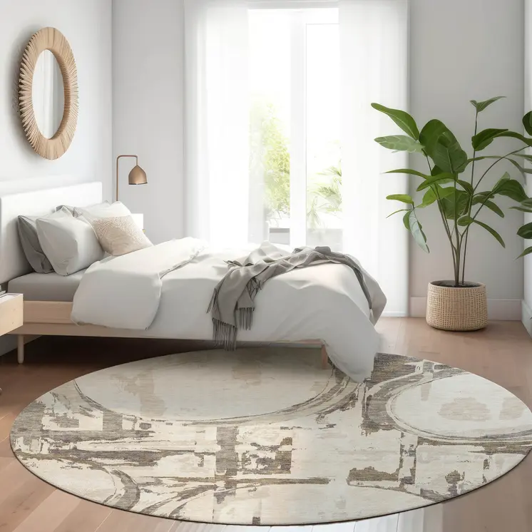 8' Ivory Beige And Taupe Round Geometric Washable Indoor Outdoor Area Rug
