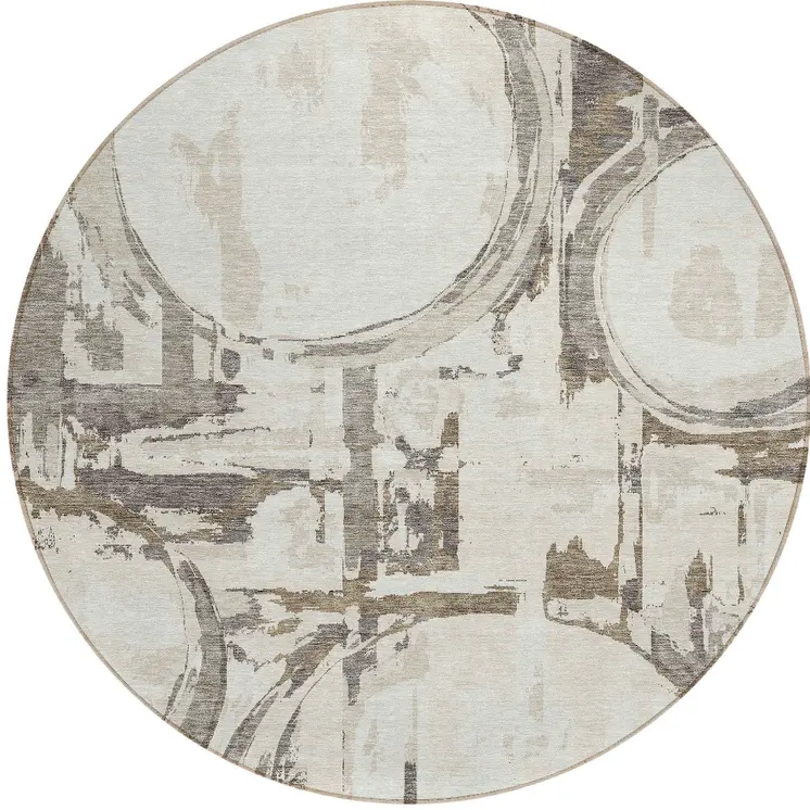 8' Ivory Beige And Taupe Round Geometric Washable Indoor Outdoor Area Rug