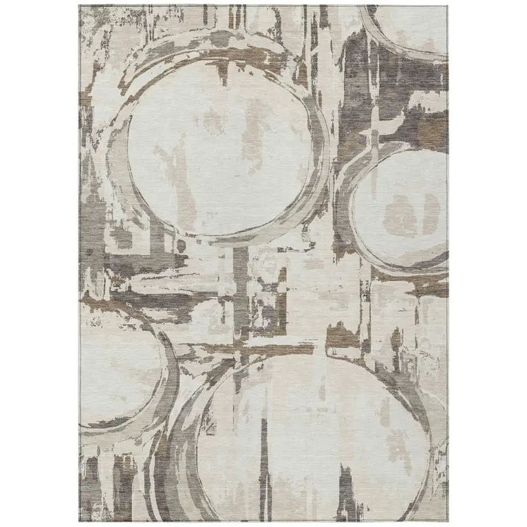 8' X 10' Ivory Beige And Taupe Geometric Washable Indoor Outdoor Area Rug