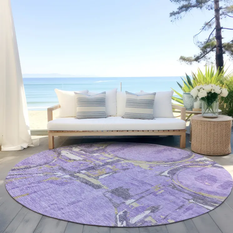 8' Lavender Lilac And Purple Round Geometric Washable Indoor Outdoor Area Rug