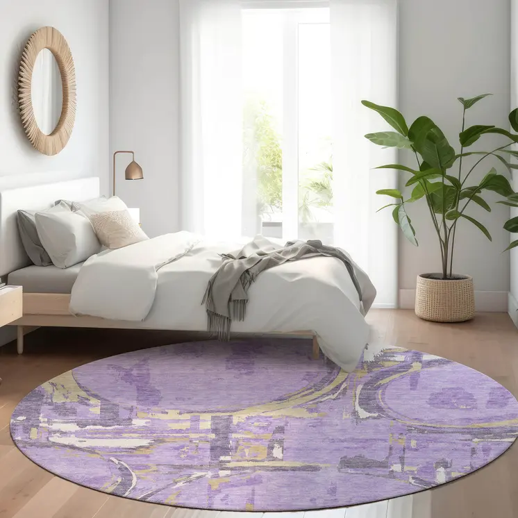 8' Lavender Lilac And Purple Round Geometric Washable Indoor Outdoor Area Rug