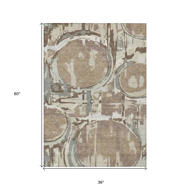 3' X 5' Brown Taupe And Beige Geometric Washable Indoor Outdoor Area Rug