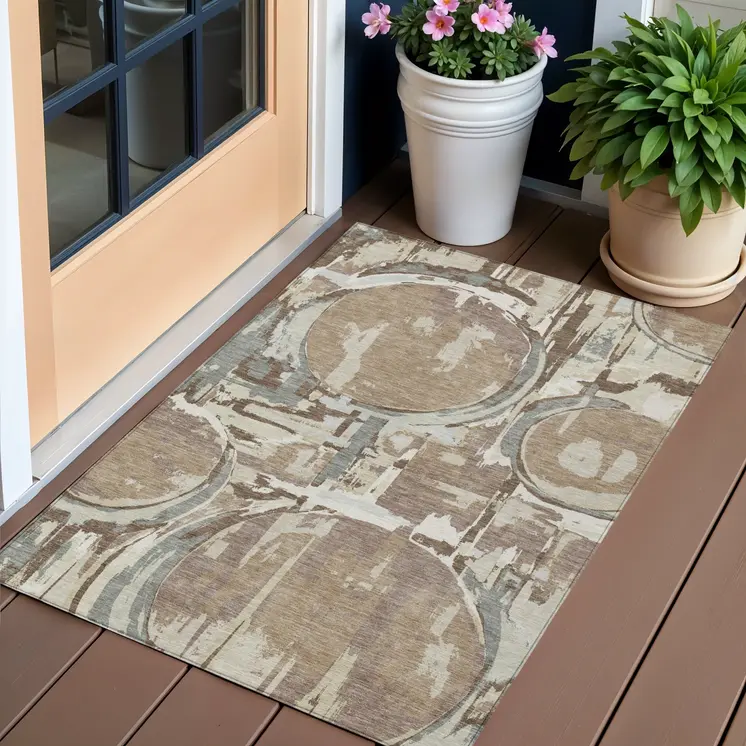 3' X 5' Brown Taupe And Beige Geometric Washable Indoor Outdoor Area Rug