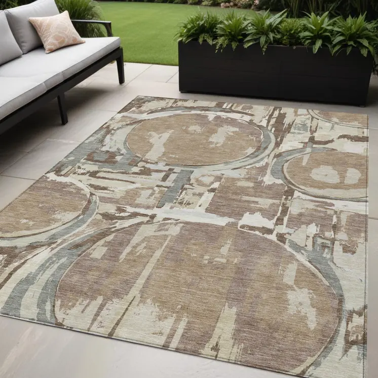 5' X 8' Brown Taupe And Beige Geometric Washable Indoor Outdoor Area Rug