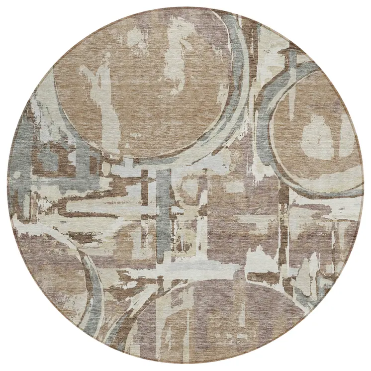 8' Brown Taupe And Beige Round Geometric Washable Indoor Outdoor Area Rug