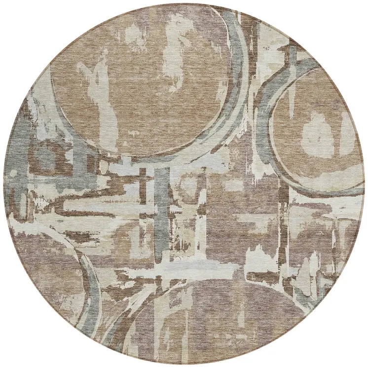 8' Brown Taupe And Beige Round Geometric Washable Indoor Outdoor Area Rug