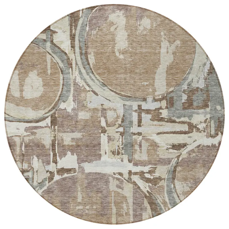 8' Brown Taupe And Beige Round Geometric Washable Indoor Outdoor Area Rug