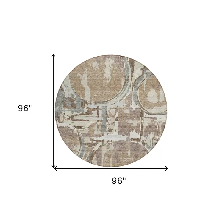 8' Brown Taupe And Beige Round Geometric Washable Indoor Outdoor Area Rug