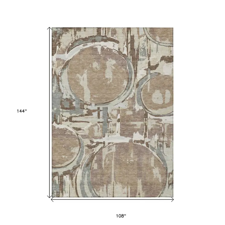 9' X 12' Brown Taupe And Beige Geometric Washable Indoor Outdoor Area Rug