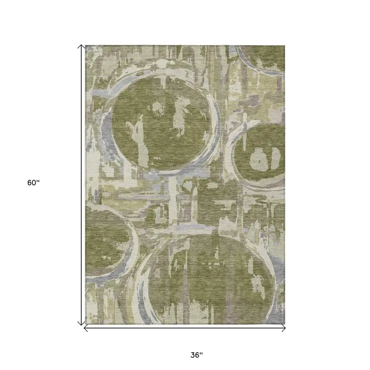 3' X 5' Olive Green Gray And Beige Geometric Washable Indoor Outdoor Area Rug