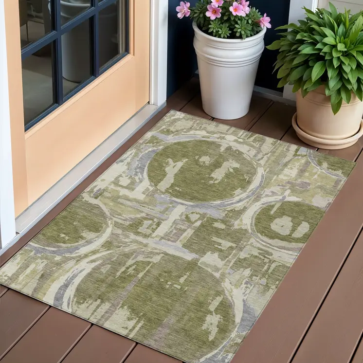 3' X 5' Olive Green Gray And Beige Geometric Washable Indoor Outdoor Area Rug