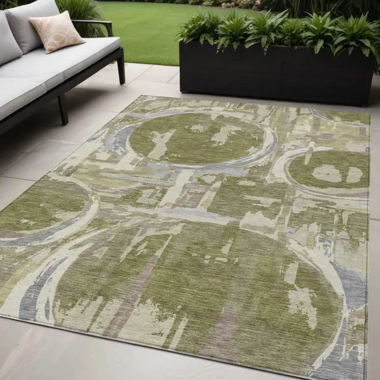 5' X 8' Olive Green Gray And Beige Geometric Washable Indoor Outdoor Area Rug