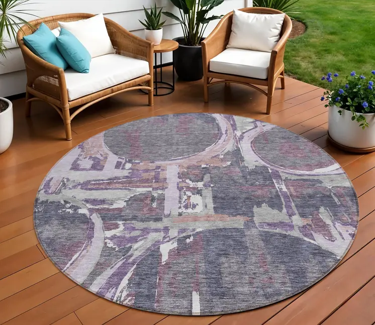 8' Purple Lavender And Plum Round Geometric Washable Indoor Outdoor Area Rug