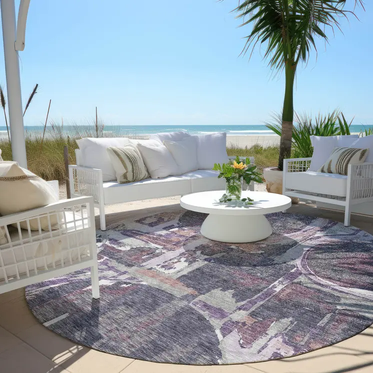 8' Purple Lavender And Plum Round Geometric Washable Indoor Outdoor Area Rug