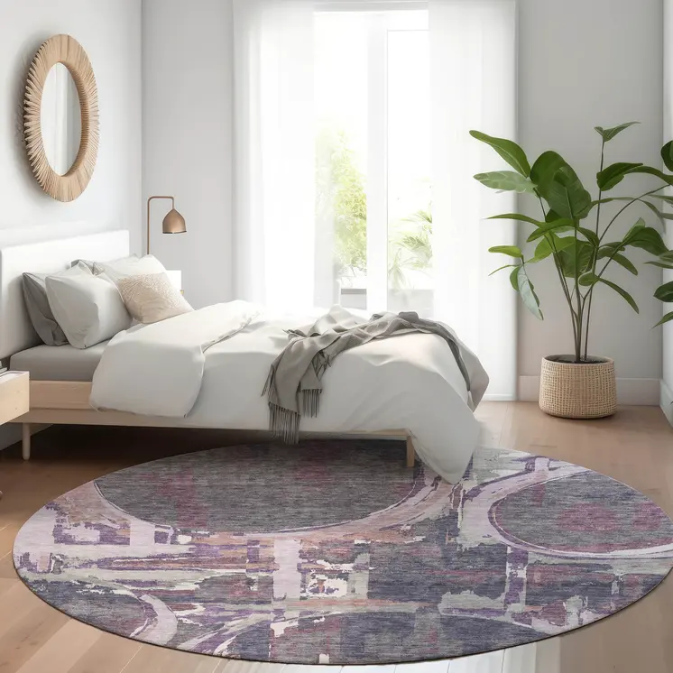 8' Purple Lavender And Plum Round Geometric Washable Indoor Outdoor Area Rug