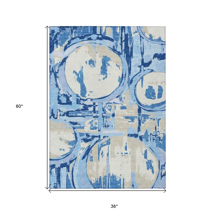 3' X 5' Sky Blue And Denim Blue Geometric Washable Indoor Outdoor Area Rug