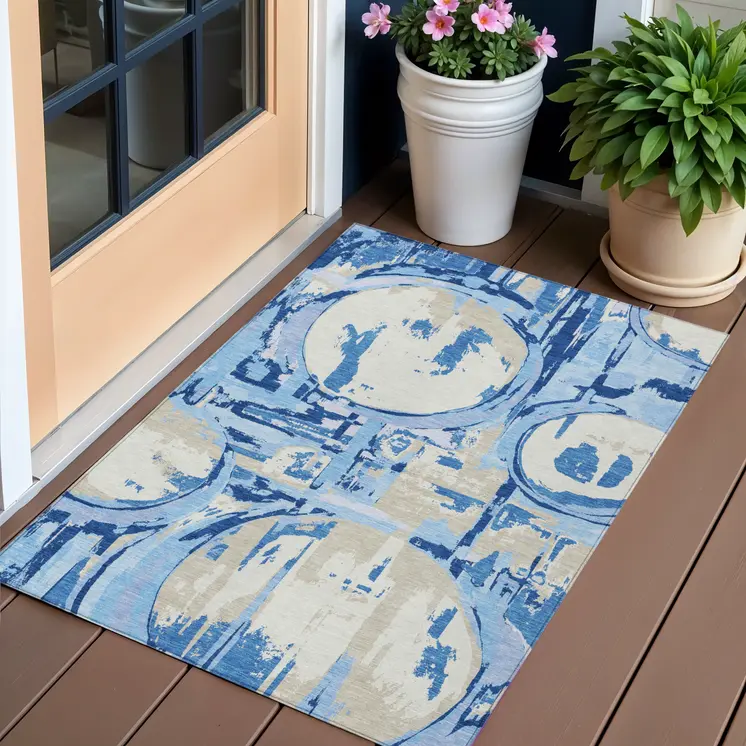 3' X 5' Sky Blue And Denim Blue Geometric Washable Indoor Outdoor Area Rug