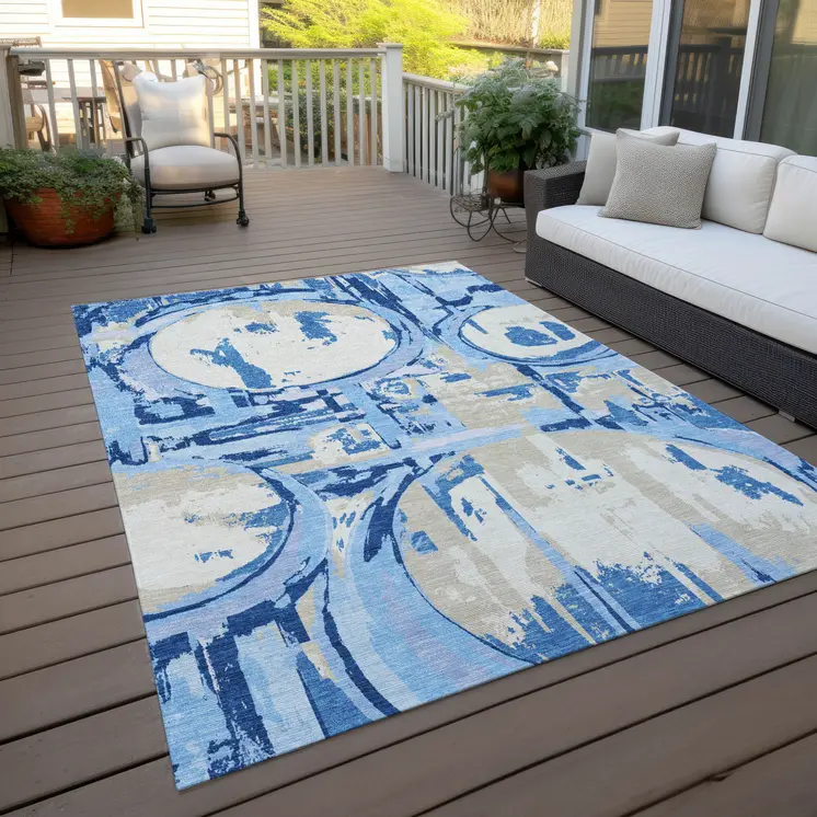 3' X 5' Sky Blue And Denim Blue Geometric Washable Indoor Outdoor Area Rug
