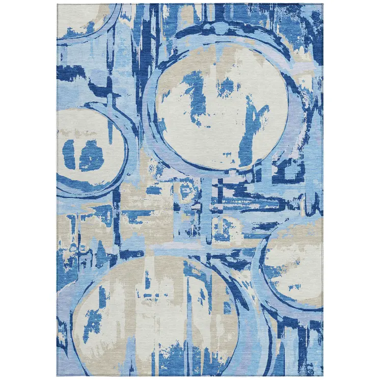 3' X 5' Sky Blue And Denim Blue Geometric Washable Indoor Outdoor Area Rug