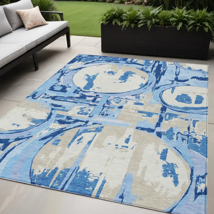5' X 8' Sky Blue And Denim Blue Geometric Washable Indoor Outdoor Area Rug