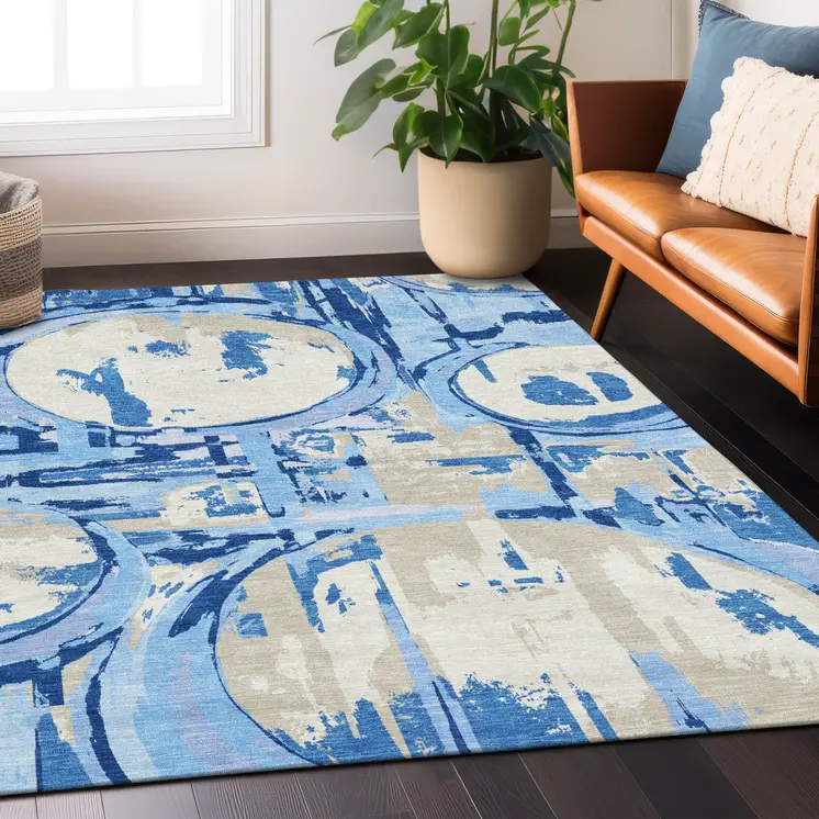 5' X 8' Sky Blue And Denim Blue Geometric Washable Indoor Outdoor Area Rug