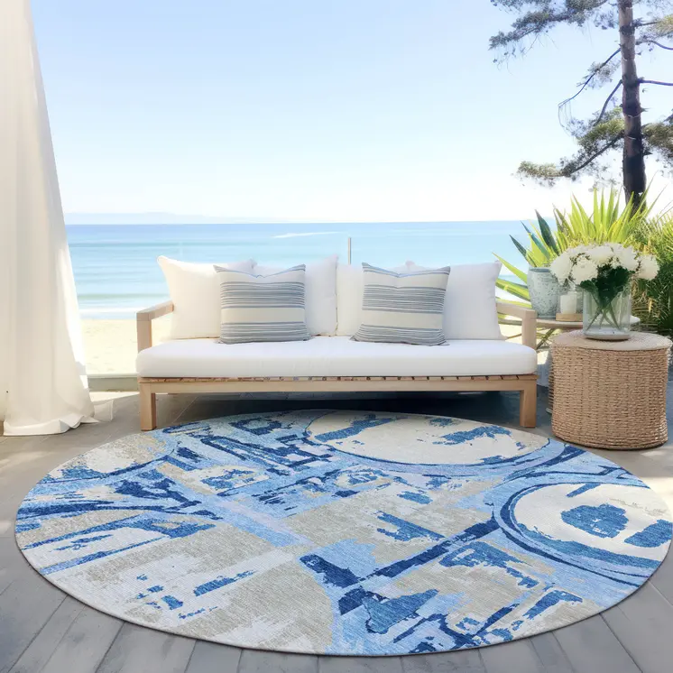 8' Sky Blue And Denim Blue Round Geometric Washable Indoor Outdoor Area Rug