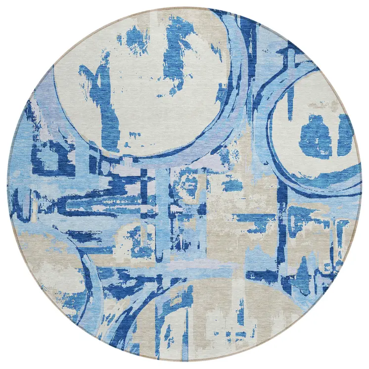 8' Sky Blue And Denim Blue Round Geometric Washable Indoor Outdoor Area Rug