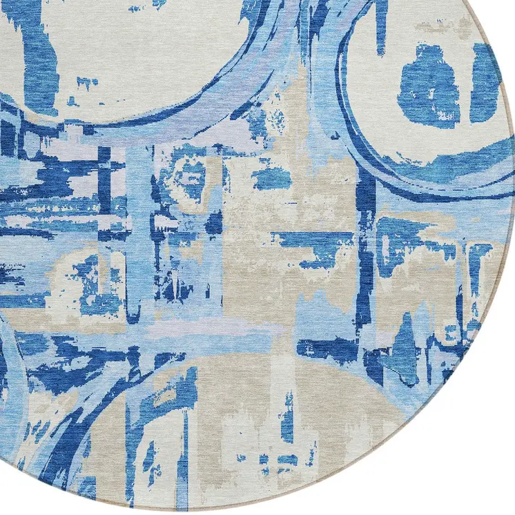 8' Sky Blue And Denim Blue Round Geometric Washable Indoor Outdoor Area Rug