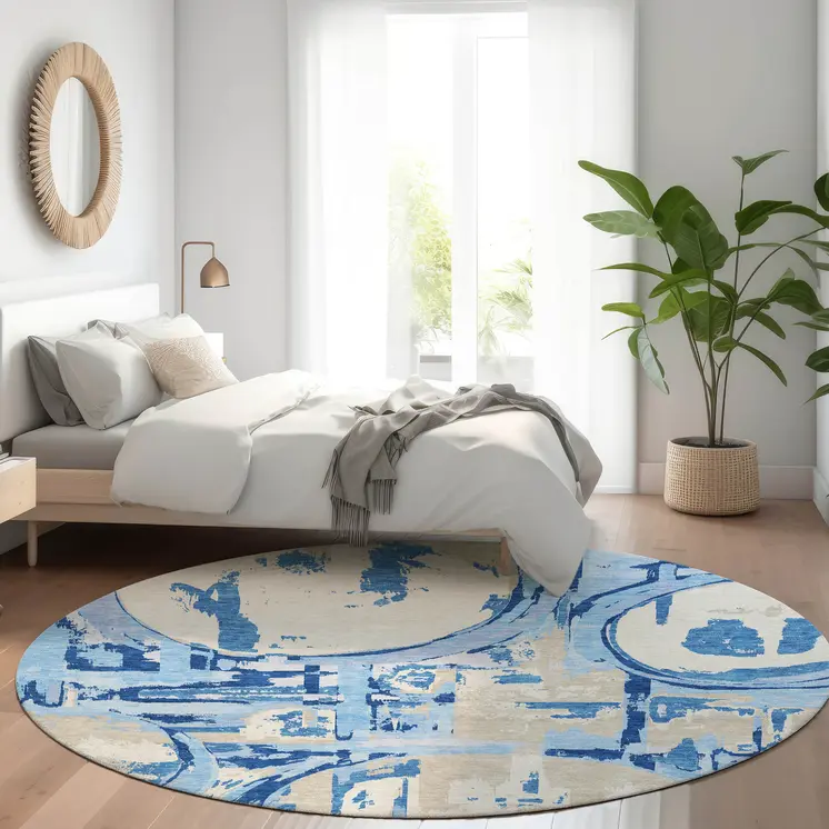 8' Sky Blue And Denim Blue Round Geometric Washable Indoor Outdoor Area Rug