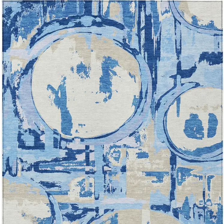 10' X 14' Sky Blue And Denim Blue Geometric Washable Indoor Outdoor Area Rug