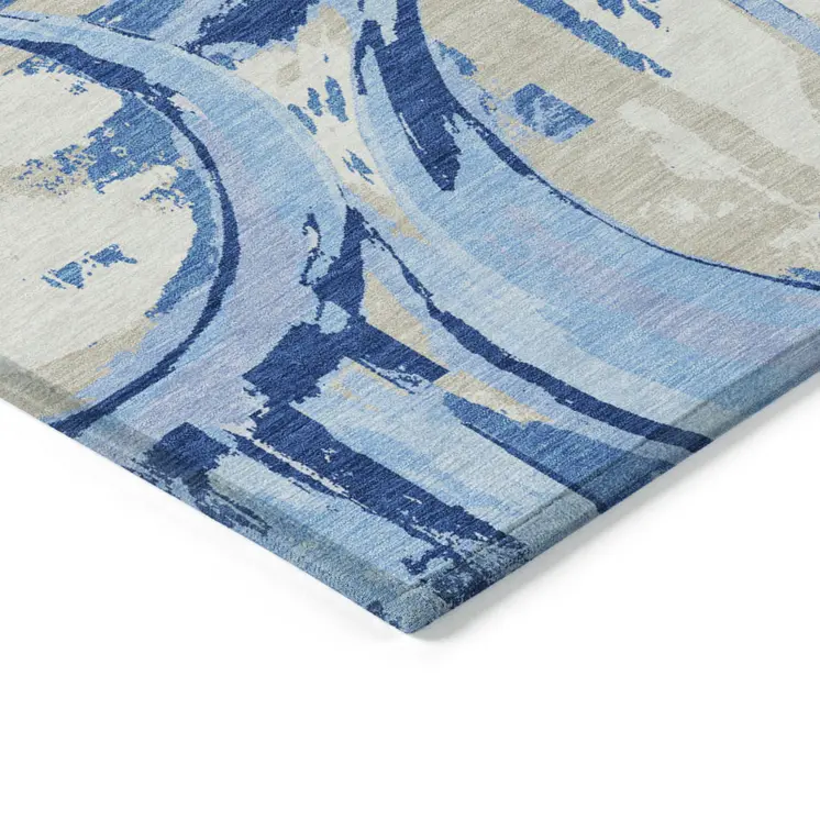 10' X 14' Sky Blue And Denim Blue Geometric Washable Indoor Outdoor Area Rug