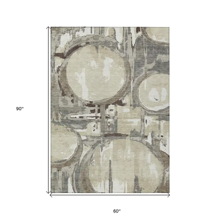 5' X 8' Tan Taupe And Beige Geometric Washable Indoor Outdoor Area Rug