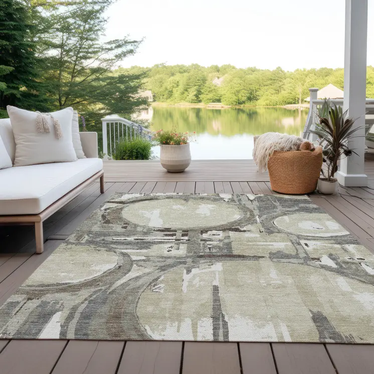 5' X 8' Tan Taupe And Beige Geometric Washable Indoor Outdoor Area Rug