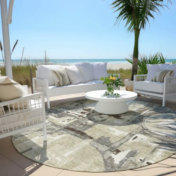 8' Tan Taupe And Beige Round Geometric Washable Indoor Outdoor Area Rug