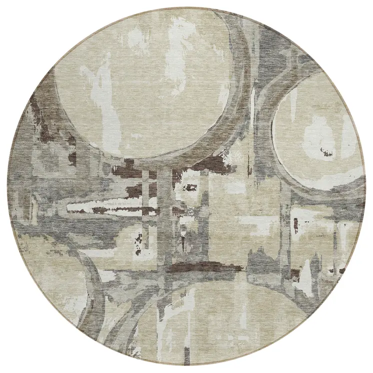 8' Tan Taupe And Beige Round Geometric Washable Indoor Outdoor Area Rug