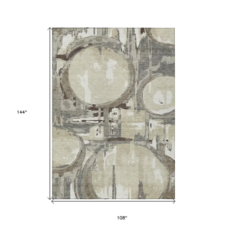 9' X 12' Tan Taupe And Beige Geometric Washable Indoor Outdoor Area Rug